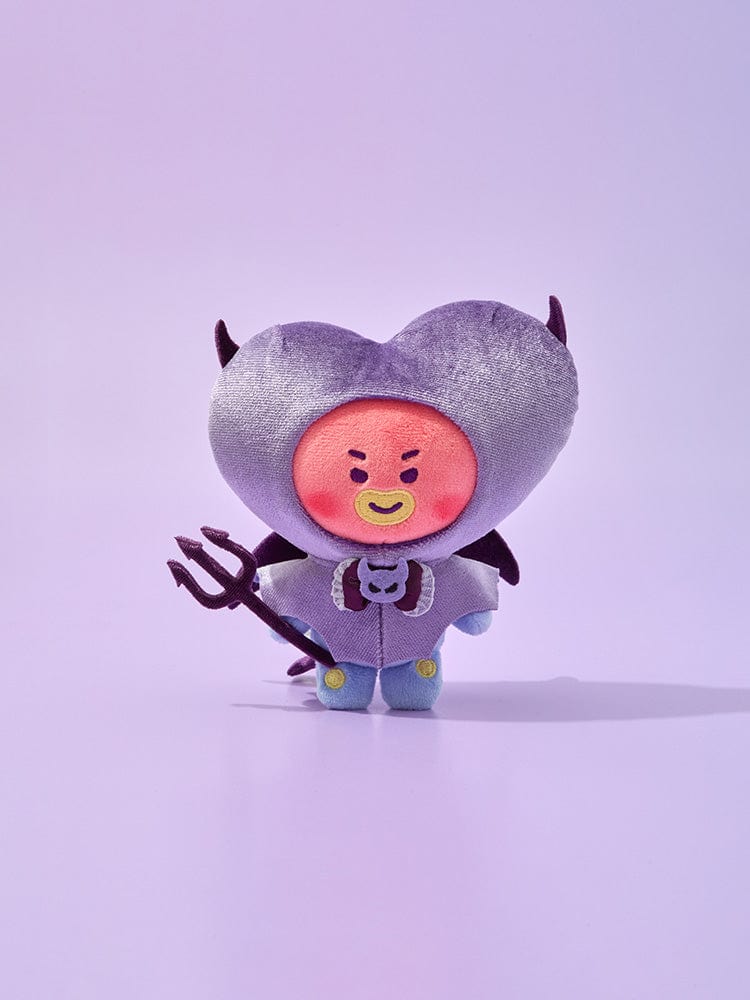 BT21 TATA VILLAIN PLUSH ANGEL & VILLAIN : peluche officielle LINE FRIENDS, personnage violet sur fond violet.
