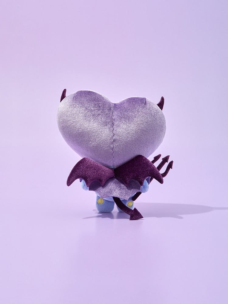 BT21 TATA VILLAIN PLUSH ANGEL & VILLAIN, peluche LINE FRIENDS officielle TATA au cœur ailé violet, fond violet pastel.