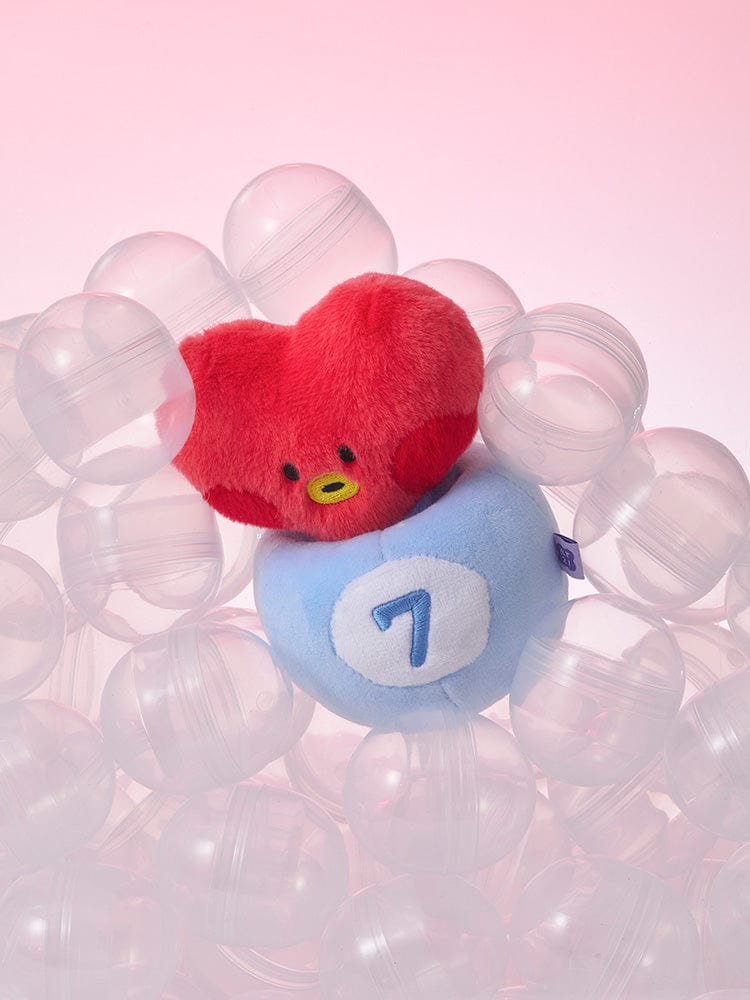 BT21 TATA minini PLUSH LUCKY GATCHA : peluche TATA de V de BTS, sur fond rose, entourée de bulles transparence