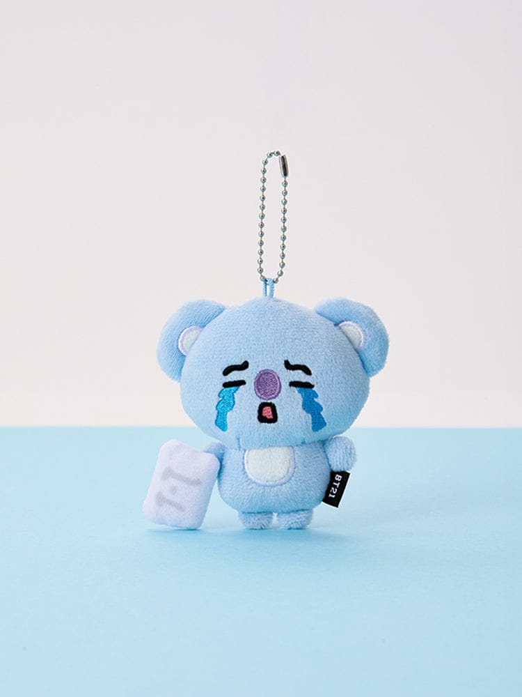 BT21 TEARDROP PLUSH KEYRING TODAY'S FACE, porte-clés peluche bleu sur fond bleu clair, personnage BT21 de LINE FRIENDS.