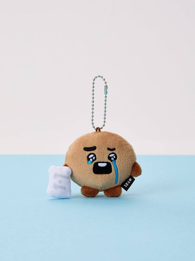 BT21 TEARDROP PLUSH KEYRING TODAY'S FACE, porte-clés peluche officiel de LINE FRIENDS, décor bleu, personnage mignon au centre.