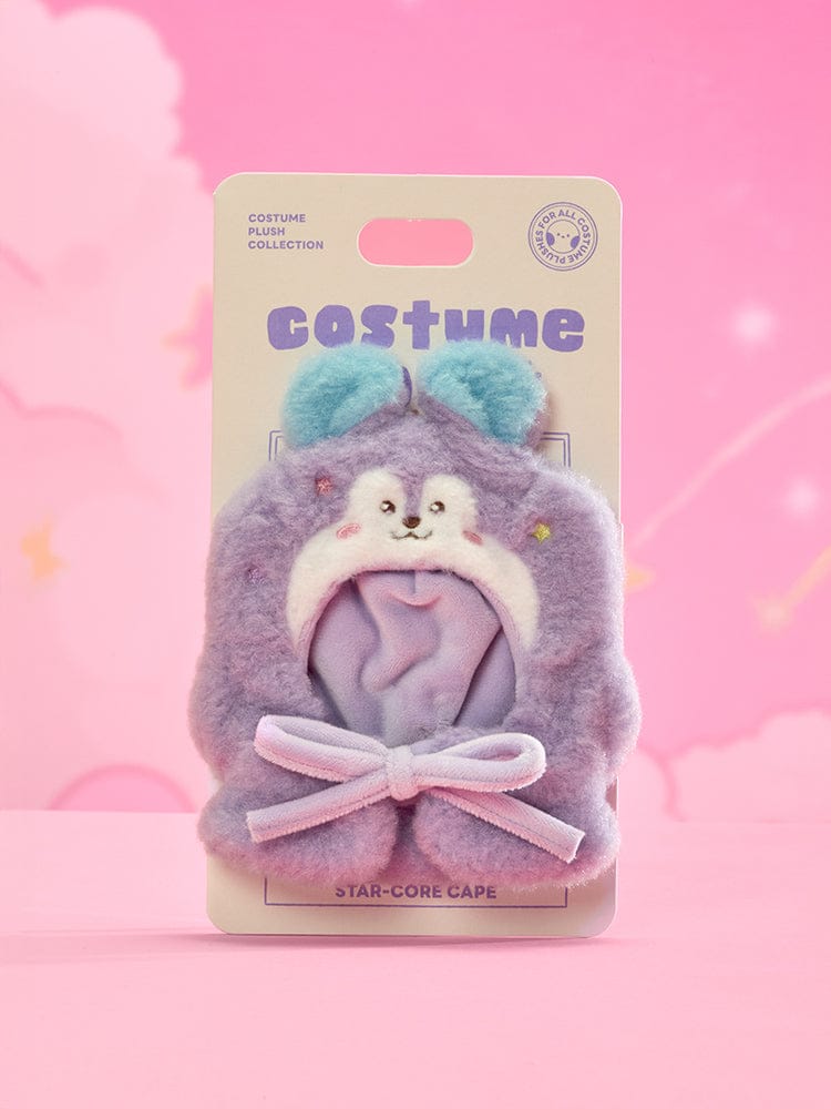 BT21 THE JOURNEY STAR CORE CLOSET - HOODIE CAPE, peluche costume star-core, sur emballage rose, LINE FRIENDS, chambre