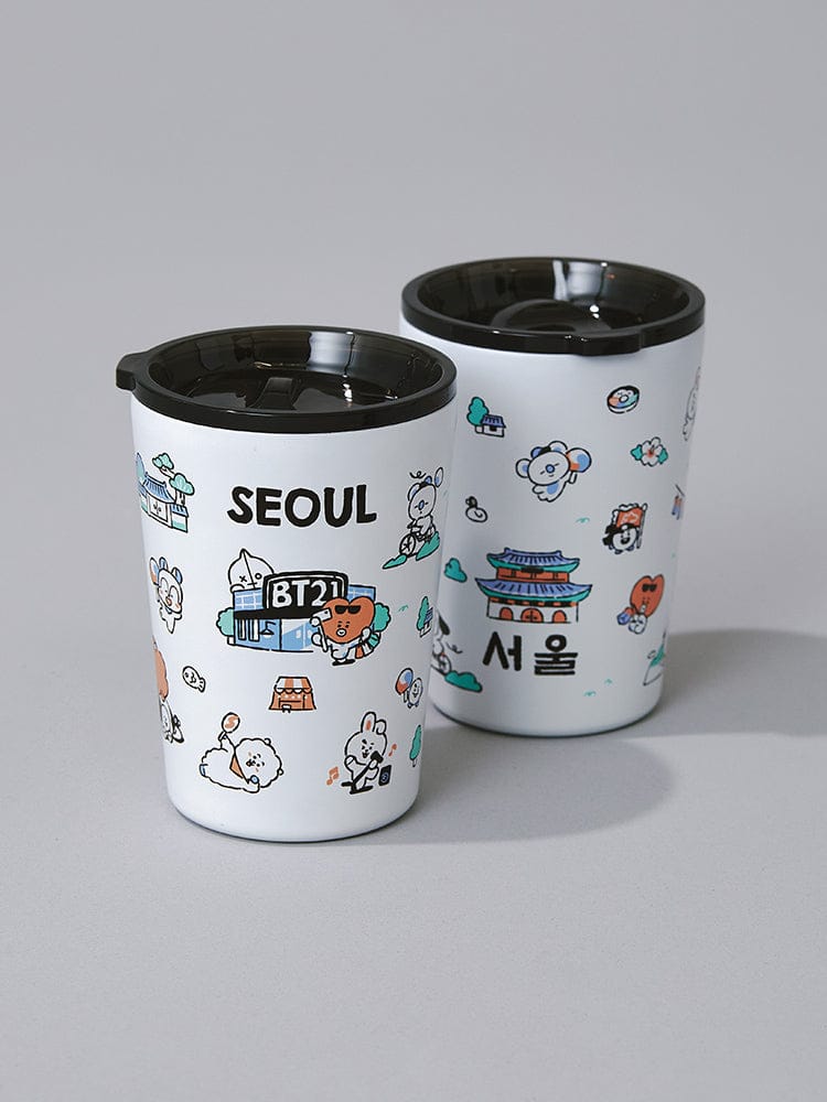 BT21 TUMBLER SEOUL EDITION (11oz) : gobelets officiels LINE FRIENDS BTS, motif Seoul kawaii sur fond gris