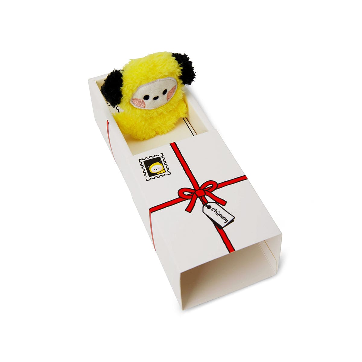 BT21 mini minini CHIMMY DOLL, peluche Chimmi dans sa boîte cadeau blanche, marque BT21, décor adorable et minimaliste.