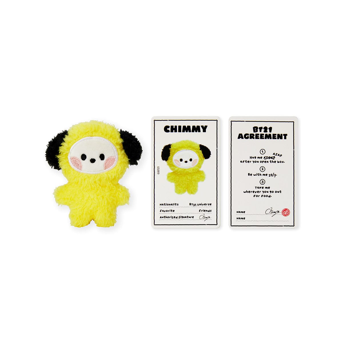 BT21 mini minini CHIMMY DOLL : petite peluche CHIMMY jaune sur fond blanc, présentation avec cartes de collection.