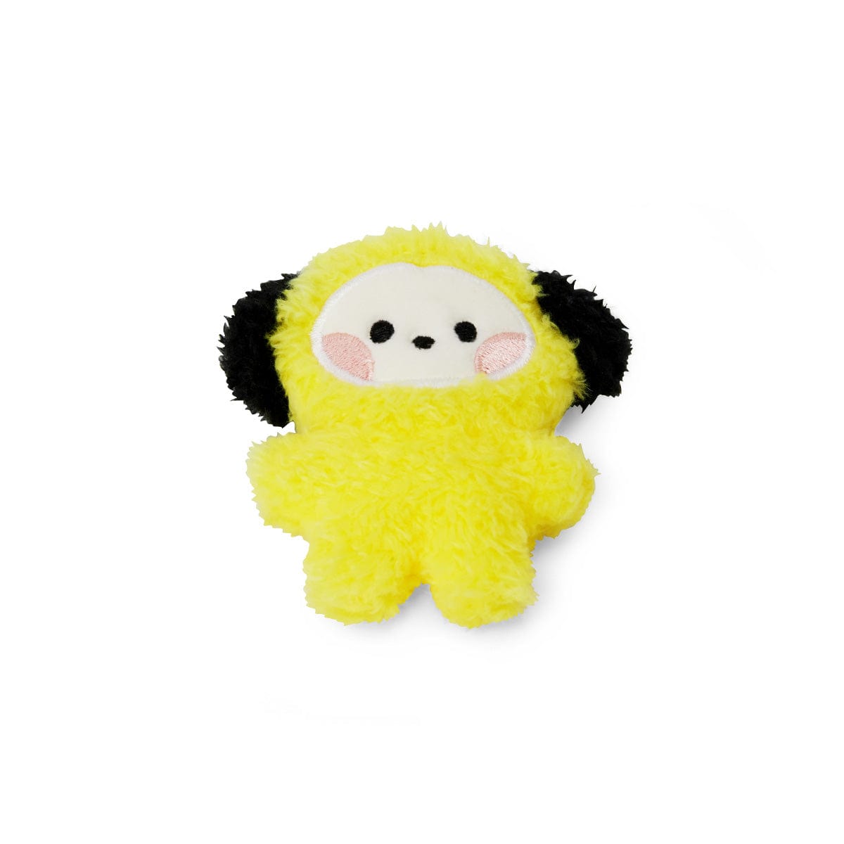 BT21 mini minini CHIMMY DOLL, peluche jaune CHIMMY (Jimin BTS) sur fond blanc, style mini mignon et minimaliste.