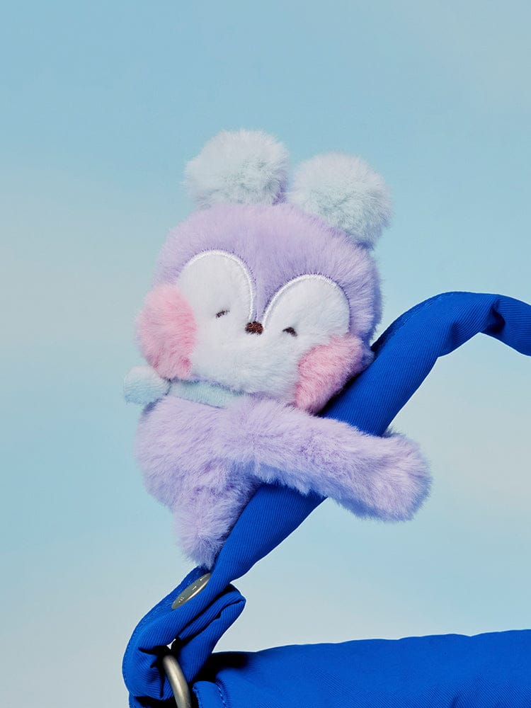 BT21 mini minini MAGNET PLUSH KEYRING HUG ME, porte-clés plush violet LINE FRIENDS, personnage câlin sur fond bleu clair.