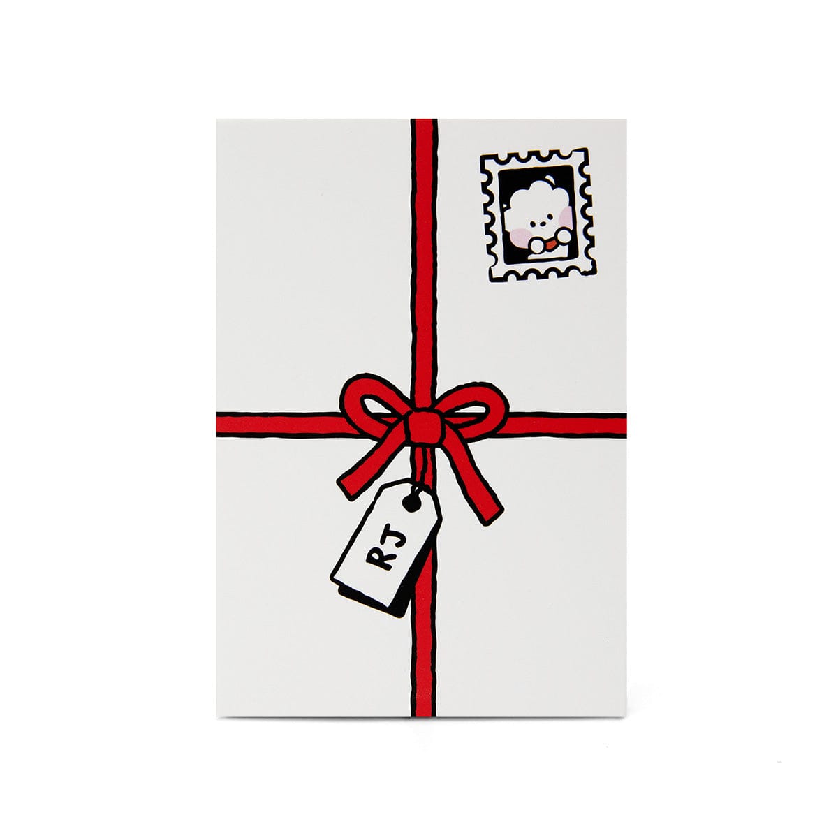 BT21 mini minini RJ DOLL : peluche officielle Jin BTS sur emballage cadeau blanc avec ruban rouge et étiquette RJ.