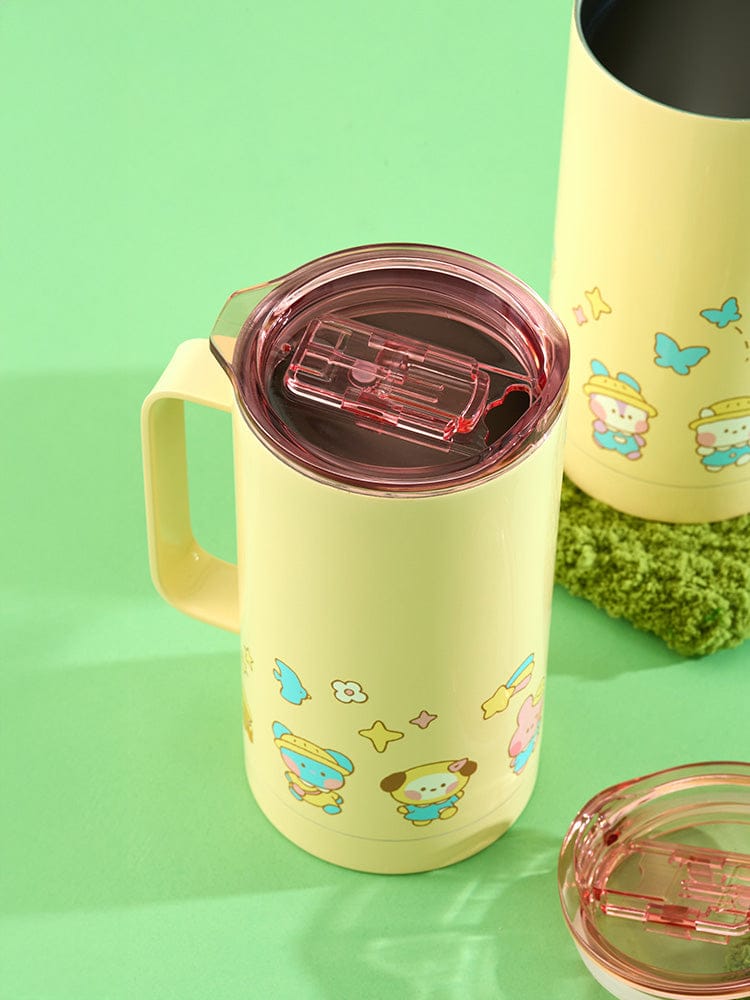 BT21 mini minini TUMBLER (19 OZ) PICNIC MATE : mug jaune kawaii avec couvercle, décor vert façon pique-nique