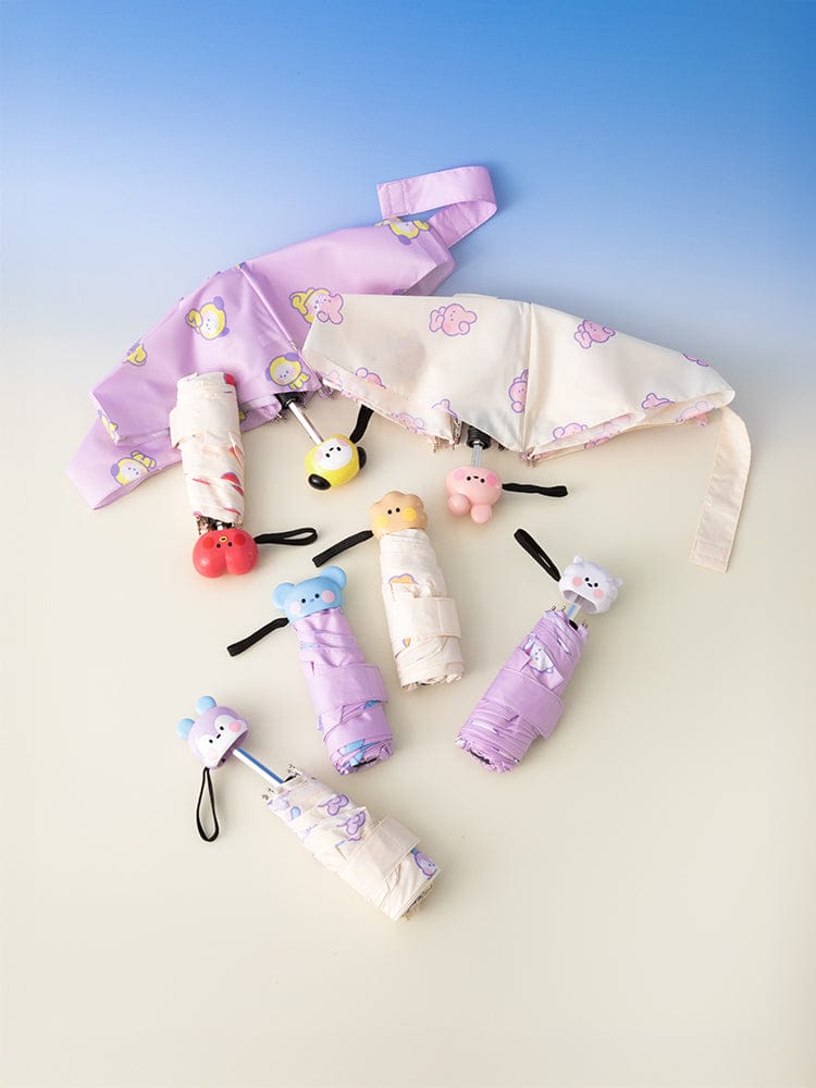BT21 minini 3-TIER UMBRELLA RAINY DAY, parapluie compact 3 niveaux LINE FRIENDS sur fond bleu, style pluie