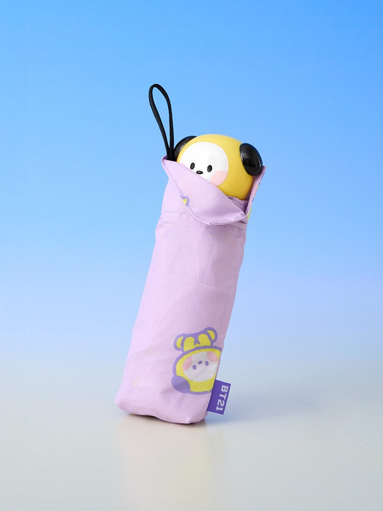 BT21 minini 3-TIER UMBRELLA RAINY DAY, parapluie compact LINE FRIENDS sous licence, en forme arrondie violette, fond bleu ciel