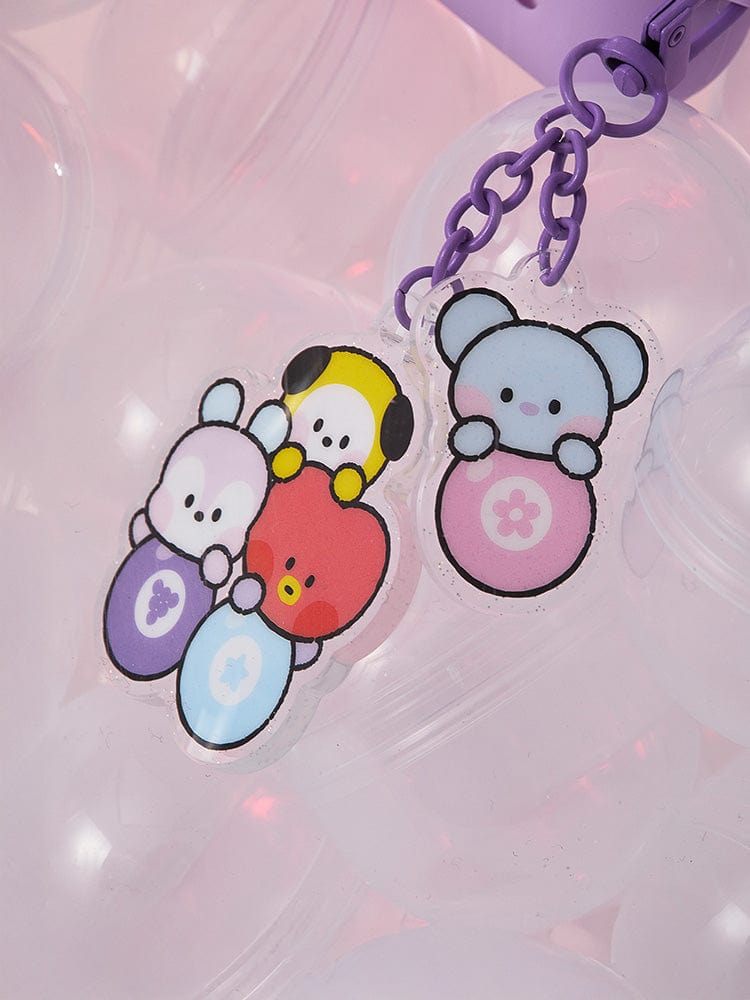 BT21 minini ACRYLIC KEYRING LUCKY GATCHA - A : porte-clés acrylique LINE FRIENDS sur fond rose, personnages BT21 mignons