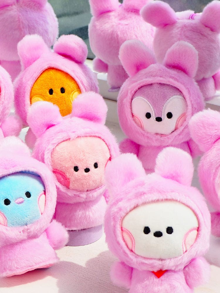BT21 minini FINGER PUPPET & KEYRING, porte-clés en peluche rose avec personnages BT21, univers LINE FRIENDS/BTS.