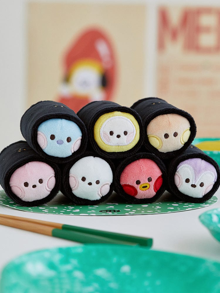 BT21 minini GIMBAP PLUSH SET BUNSIK : peluches rondes BUNSIK sur nappe, décor chambre, LINE FRIENDS x BTS