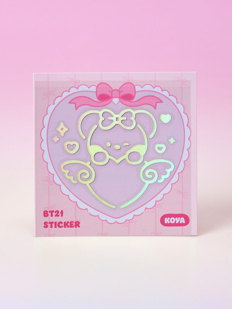 BT21 minini HOLOGRAM MEDIUM STICKER RIBBONED U (2EA) sticker hologramme Koya, papeterie BT21 sur fond rose