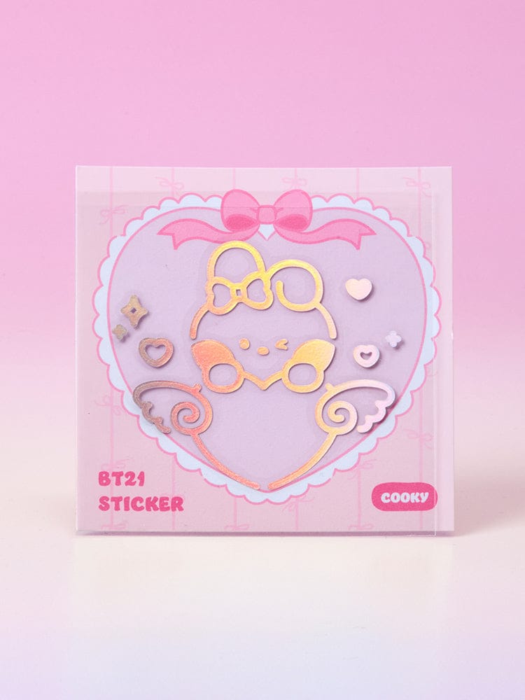 BT21 minini HOLOGRAM MEDIUM STICKER RIBBONED U (2EA) sticker hologramme BT21 COOKY sur fond rose, papeterie kawaii