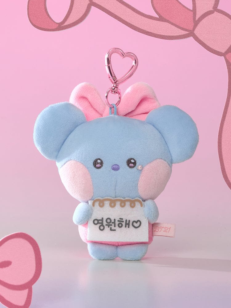 BT21 minini I LOVE YOU MESSAGE BOOK PLUSH KEYRING RIBBONED U porte-clés peluche bleu cœur sur fond rose LINE FRIENDS