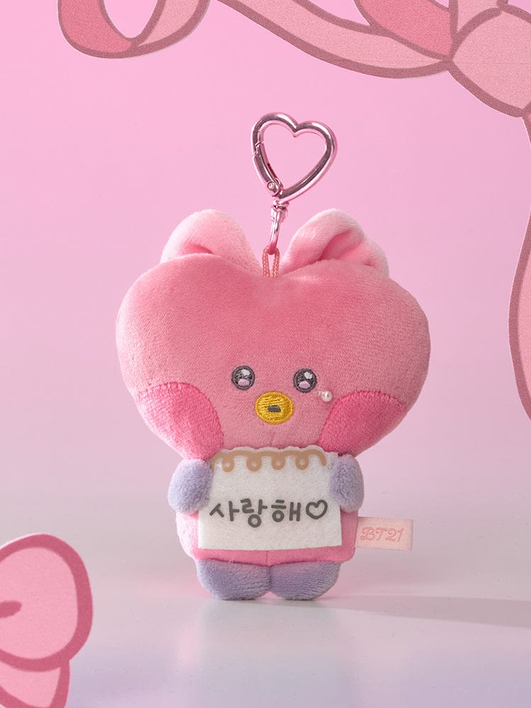 BT21 minini I LOVE YOU MESSAGE BOOK PLUSH KEYRING RIBBONED U, porte-clés rose mini avec message, sur fond rose