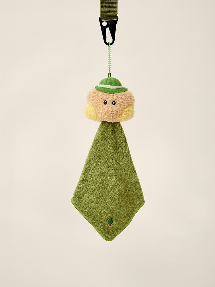 BT21 minini PLUSH HAND TOWEL EXPLORER : serviette éponge peluche Explorer vert, LINE FRIENDS, déco chambre, gros plan.