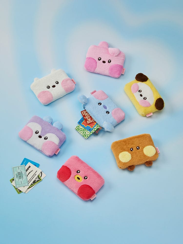 BT21 minini POUCH HUG ME : pochettes rondes LINE FRIENDS avec personnages sur fond bleu, style mignon et officiel.
