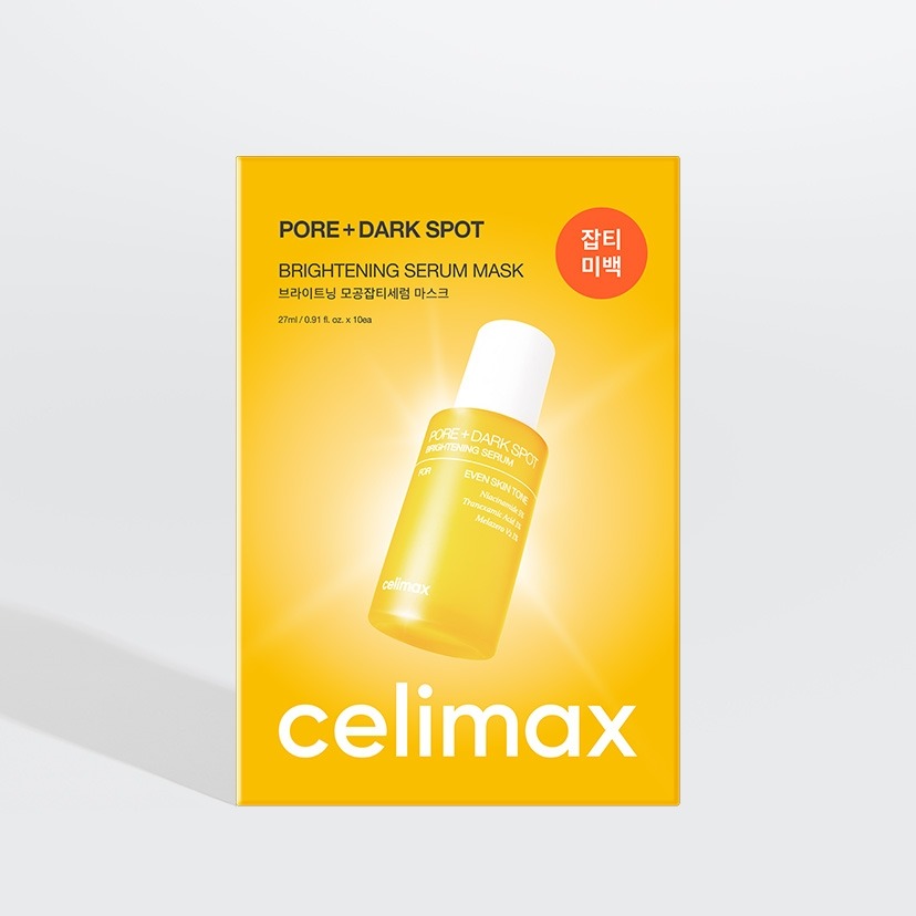 CELIMAX Brightening Pore Blemish Serum Mask 10 sheets sur emballage jaune, sérum masque visage à l’éclat pour peau.