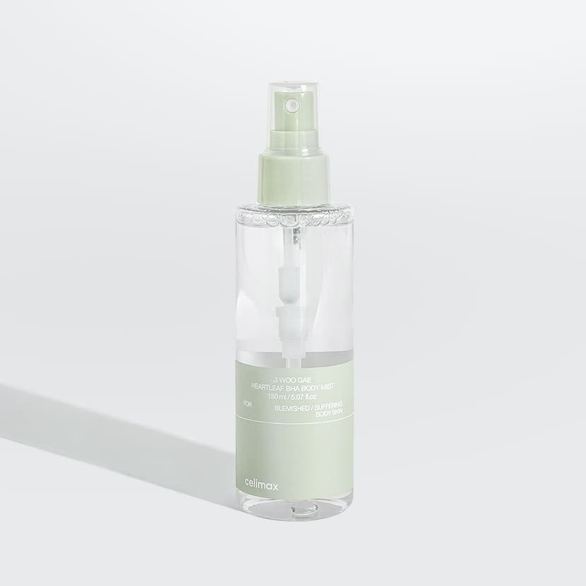 CELIMAX Ji Woo Gae Heartleaf BHA Body Mist 150ml, flacon spray vert sur fond blanc, marque CELIMAX, soin visage/corps.