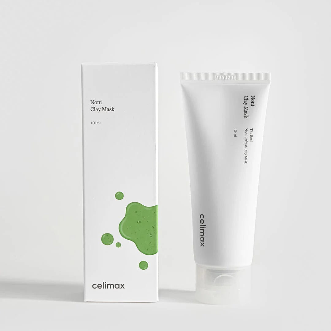 CELIMAX The Real Noni Refresh Clay Mask 120g : tube crème verte et boîte, visuel produit sur fond clair.