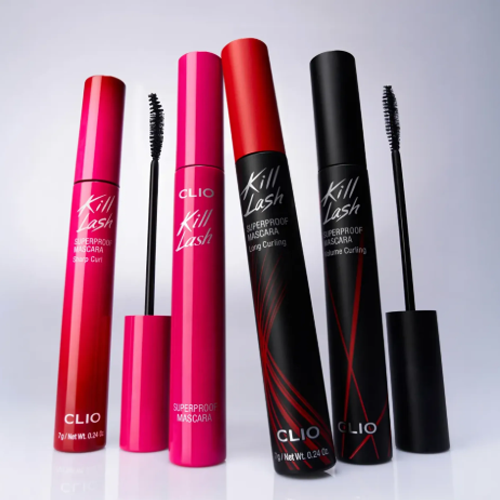 CLIO Kill Lash Superproof Mascara de la marque CLIO, visuel en pots roses et noirs sur fond clair.