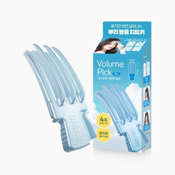DASHU Daily Volume Pick Slim de la marque DASHU, peigne coiffant et son packaging bleu sur fond clair.