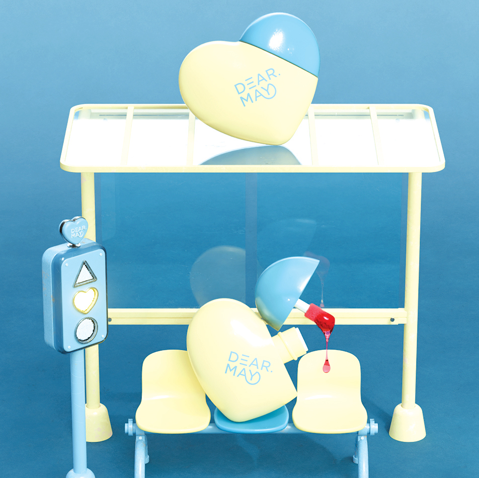 DEAR MAY Mellowpose Light Gloss de la marque DEAR MAY, produit cosmétique sur décor bleu et chaise blanche