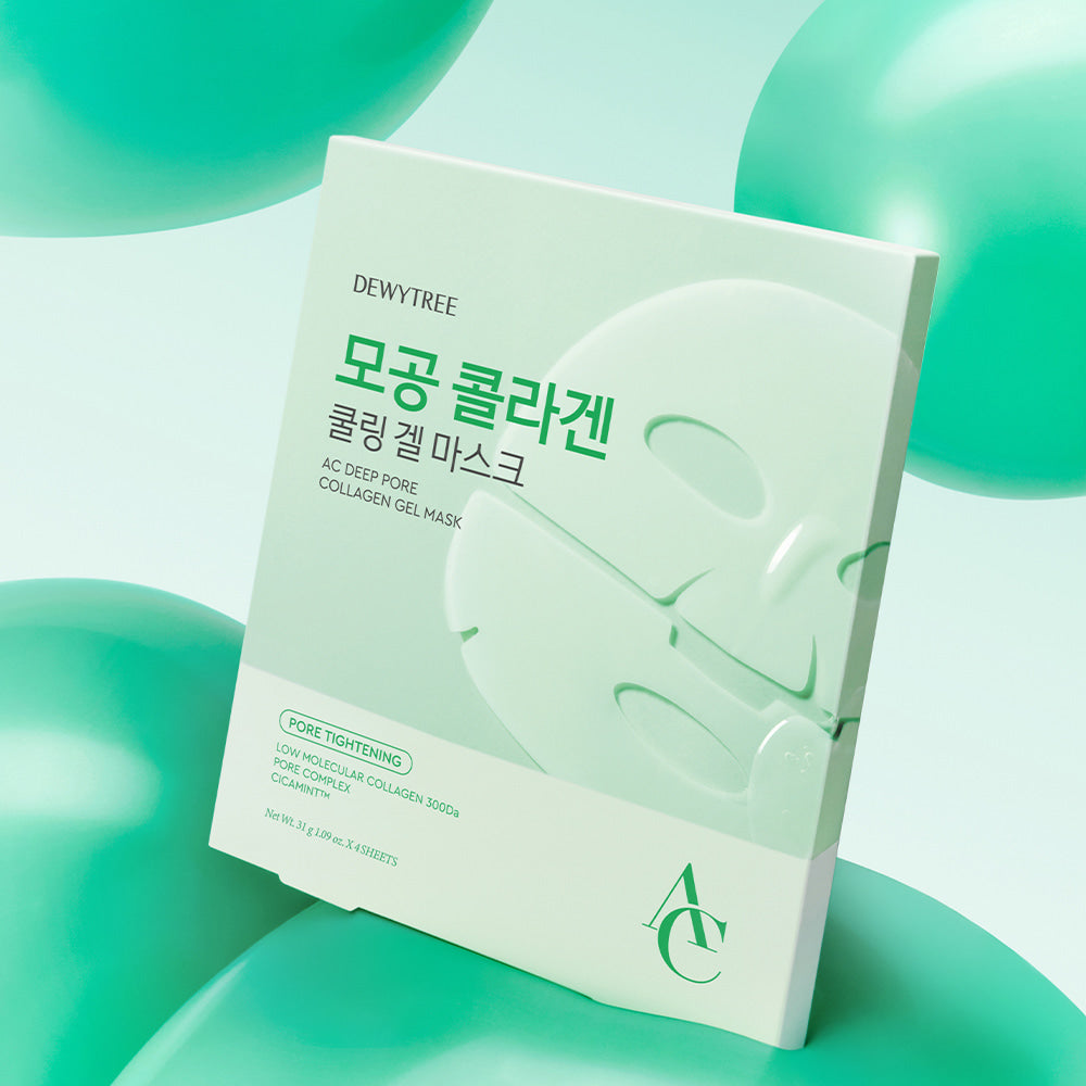 DEWYTREE AC Deep Pore Collagen Gel Mask 4 Sheets de DEWYTREE sur fond vert, packaging visible en gros plan.