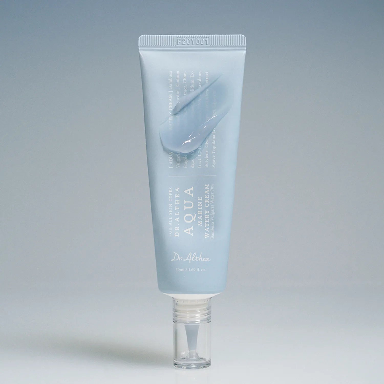 DR.ALTHEA Aqua Marine Watery Cream 50ml, tube crème hydratante sur fond bleu clair, visuel produit en studio.