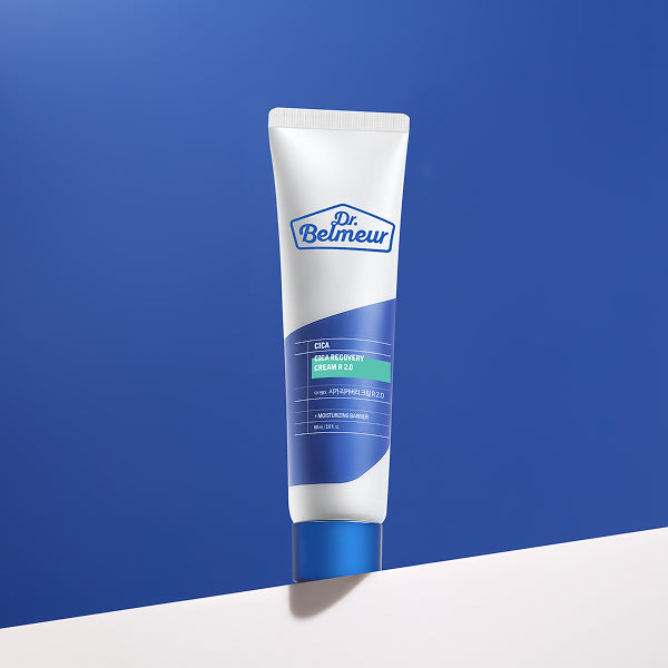 DR.BELMEUR Advanced Cica Recovery Cream 60ml, crème Dr.Belmeur sur fond bleu et blanc, tube blanc visible.