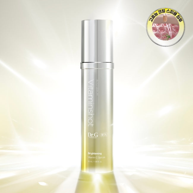 Dr.G RTX Into Serum Vitamin Shot de la marque Dr.G, flacon argenté sur fond clair crème, contexte soin visage