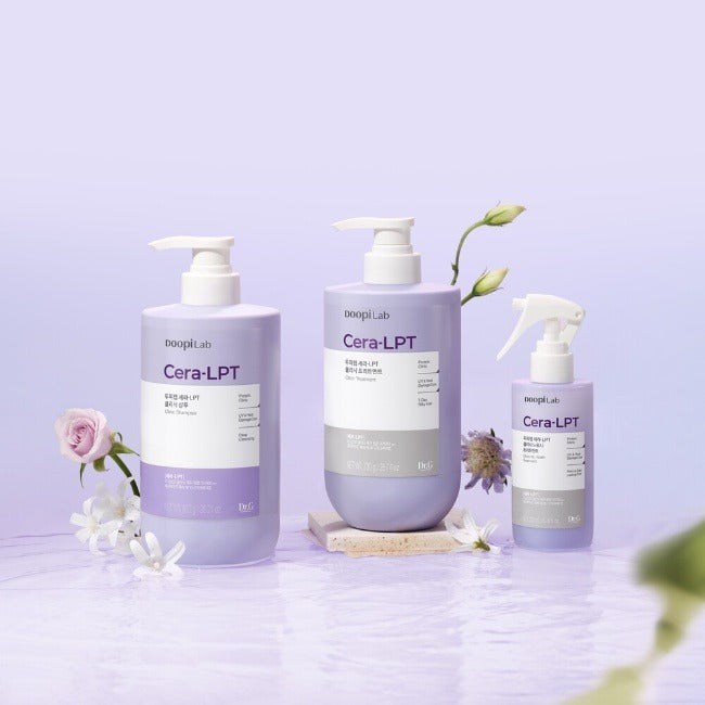 Dr. G Scalp Lab Sera-LPT Clinic Shampoo 800g en trois bouteilles élégantes sur un fond lavande, produit capillaire innovant.