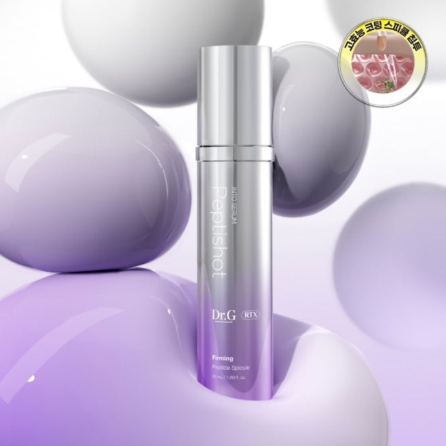 Dr.G RTX Into Serum PeptiShot 50ml de la marque Dr.G, flacon argenté sur fond blanc avec sphères violettes.