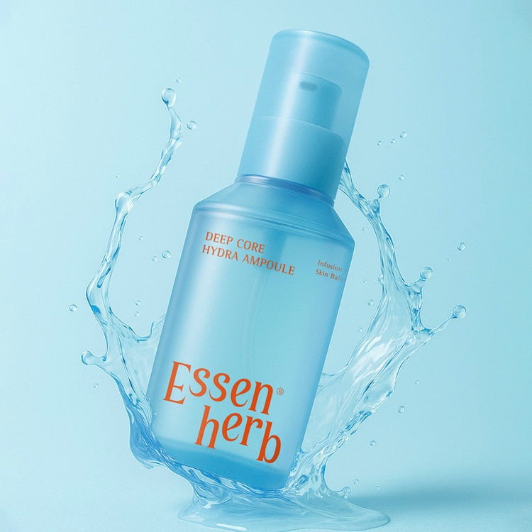 ESSENHERB Deep Core Hydra Ampoule 120ml, flacon bleu avec éclaboussures d’eau sur fond clair, photo produit