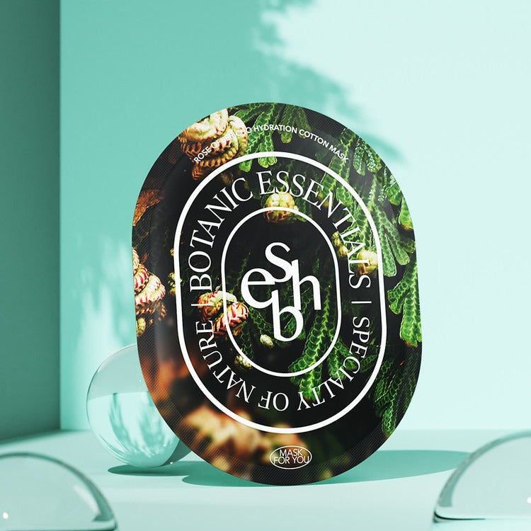 ESSENHERB Rose of Jericho Hydration Cotton Mask 5EA, masque en boîte sur fond turquoise, décor végétal et verre