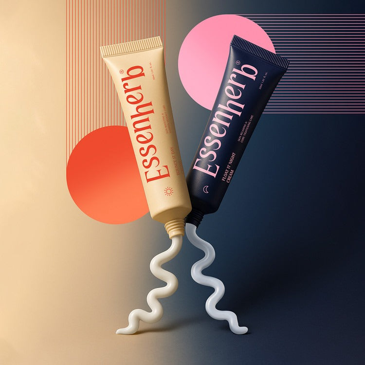 Programme Jour à Nuit ESSENHERB 30ml, soins de la peau avec crème de jour et nuit en tubes artistique fond abstrait.