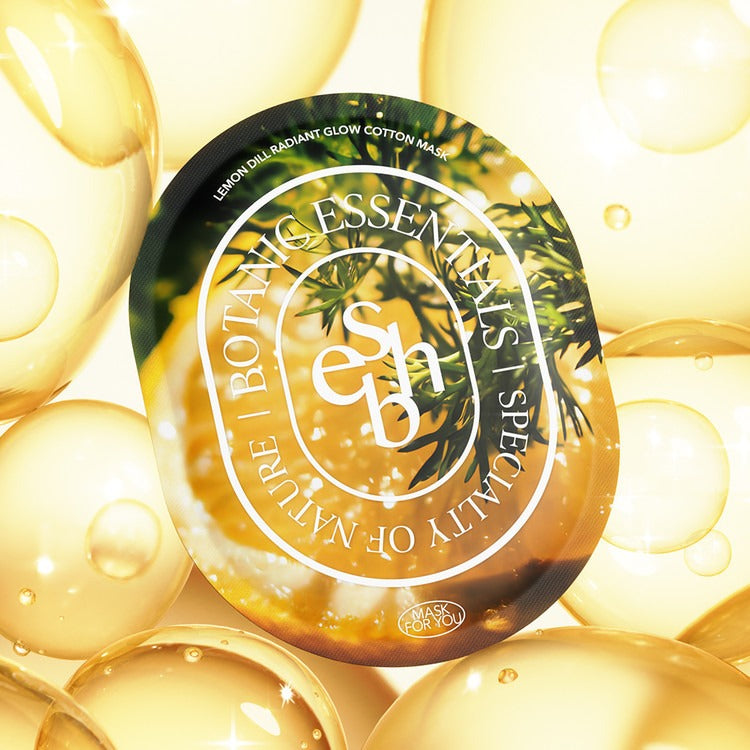ESSENHERB Lemon Dill Radiant Glow Cotton Mask 5EA affiché sur fond de bulles dorées.