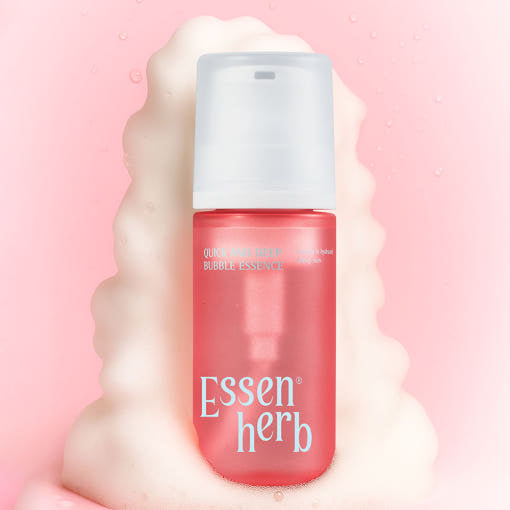 ESSENHERB Quick & Deep Bubble Essence 97ml, soin visage hydratant avec bulles, flacon rouge sur fond rose, 97ml