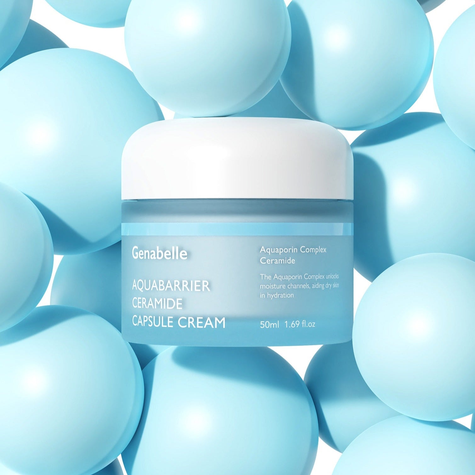 Crème GENABELLE Auqabarrier Ceramide Capsule 50ml avec capsules bleues pour hydratation et protection cutanée.