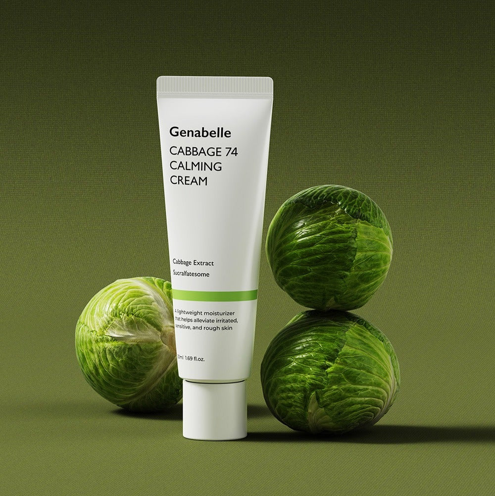 Crème apaisante GENABELLE Cabbage 74 Calming Cream 50ml avec extrait de chou, sur fond vert, pour peau sensible