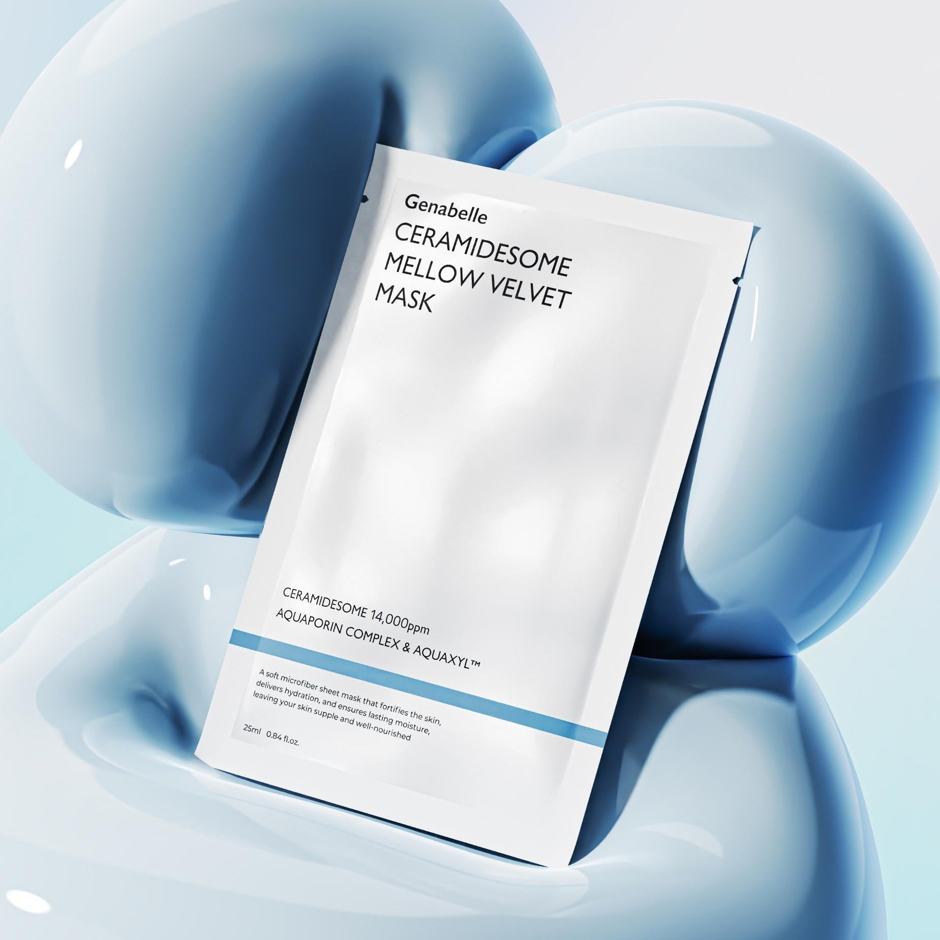Masque GENABELLE Ceramidsome Mellow Velvet Mask 5ea sur fond bleu, soin visage hydratant et apaisant en paquet de 5 unités.