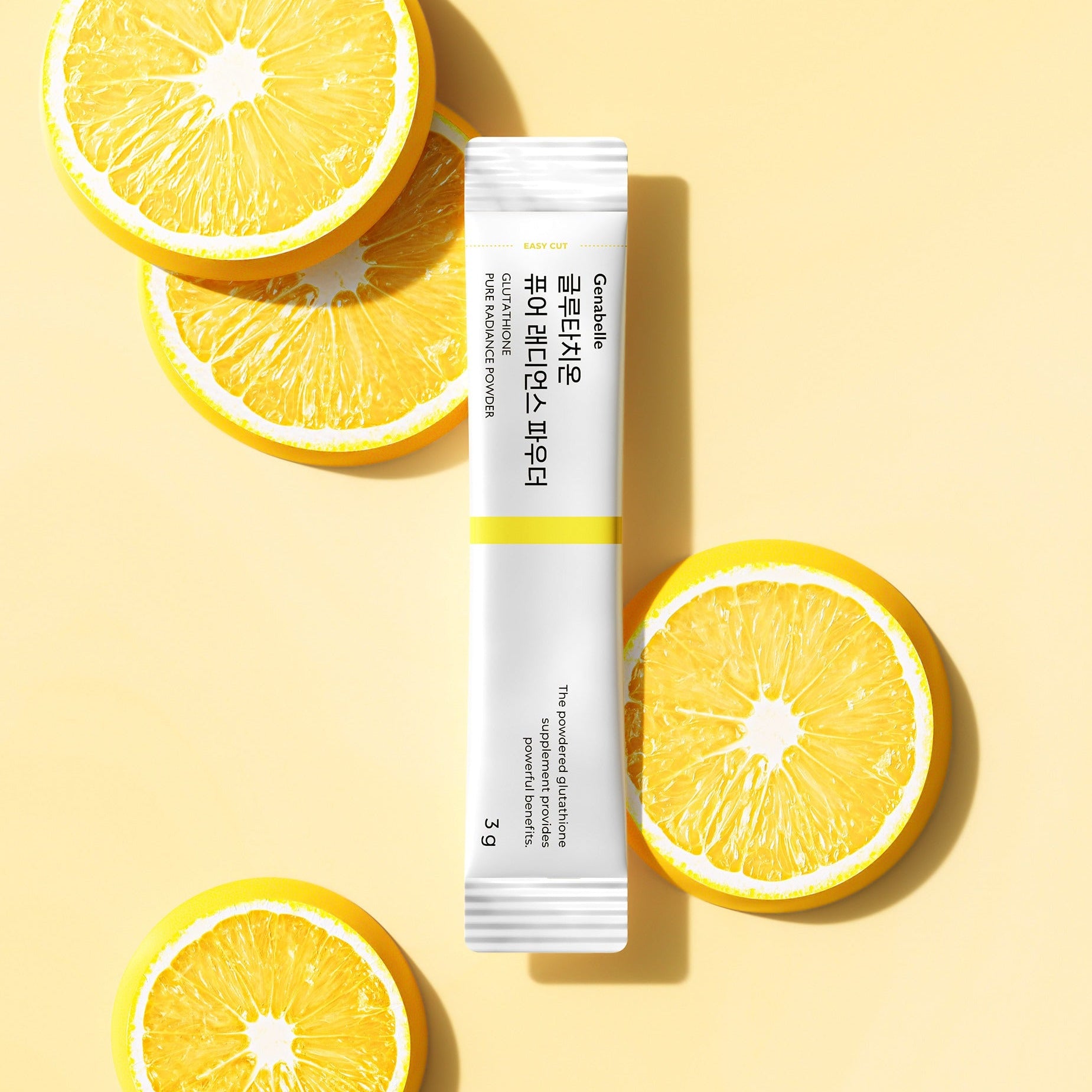 Complément GENABELLE Glutathione Pure Radiance Powder 20ea avec rondelles de citron frais exposées sur fond jaune vif.