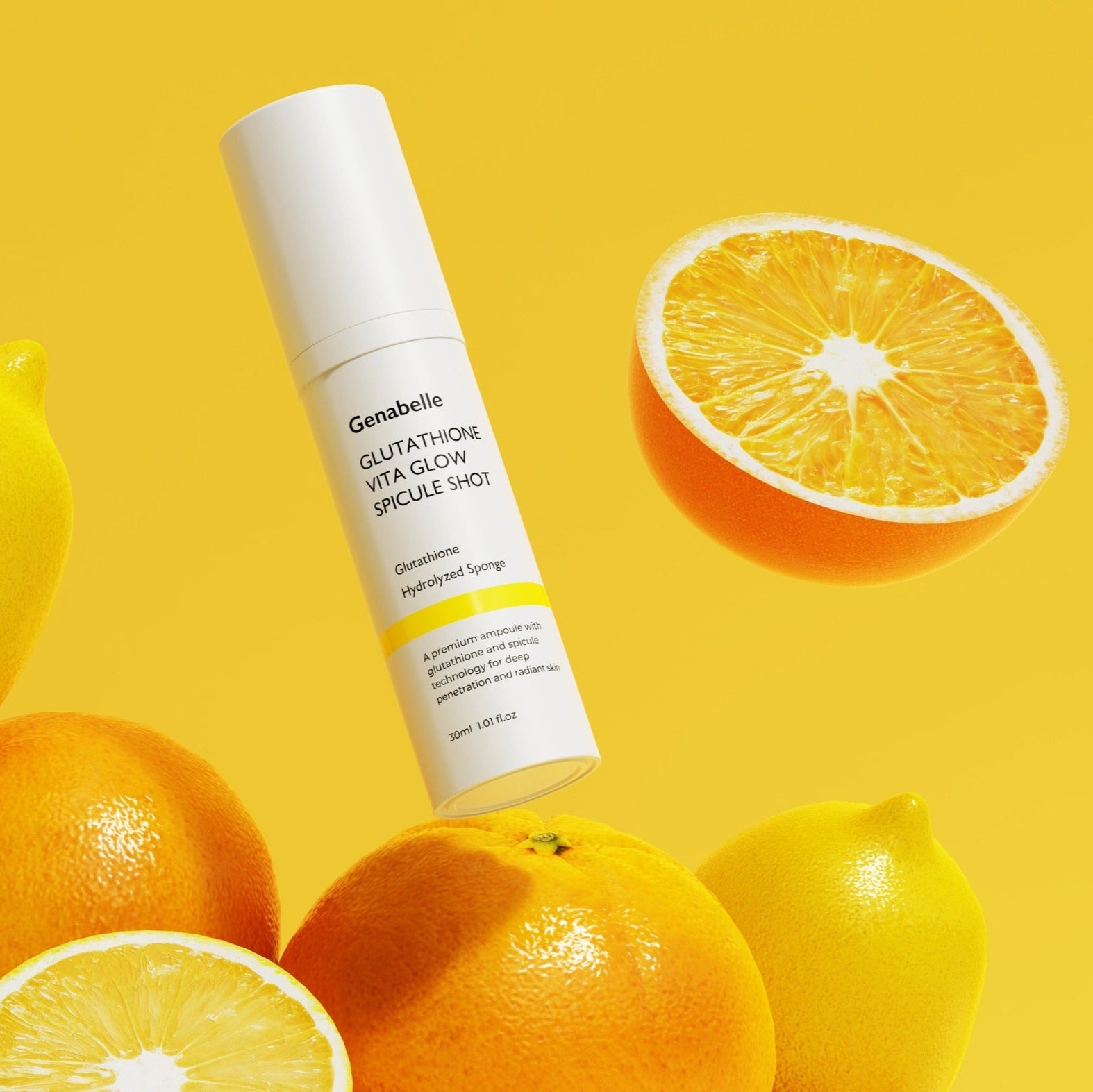 Bouteille de GENABELLE Glutathione Vita Glow Spicule Shot 30ml entourée d'oranges sur fond jaune.