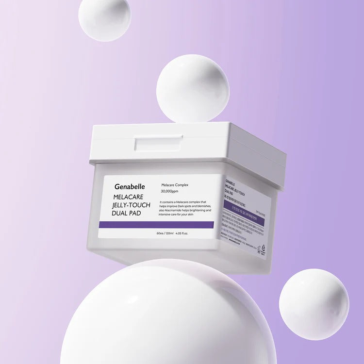 GENABELLE Melacar Jelly Touch Dual Pad 60ea, produit de soin de la peau présenté sur fond violet attrayant.