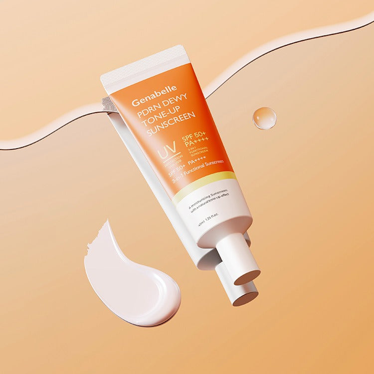 Crème solaire GENABELLE PDRN Dewy Tone-up Sunscreen 40ml, protection SPF 50, hydratante et illuminatrice, tube sur fond beige.