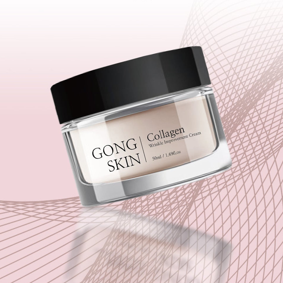 GONGSKIN Collagen Wrinkle Improvement Cream 50ml, crème anti-rides de la marque GONGSKIN sur fond rose décoratif