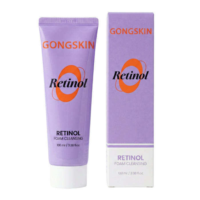 Décris l’image en français : GONGSKIN Retinol Foam Cleansing 100ml, tube violet et boîte, produit de soins visage.